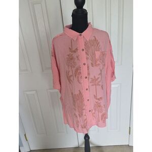 Easel  Light Coral Pink Short-Sleeve Button-Down Shirt with Tan Botanical Print